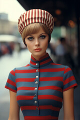 Striped Fashion, Model in Colourful Retro Outfit.
Model channels vintage vibe in colourful striped dress.
