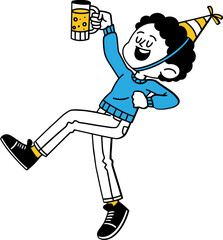 Cute party boy holding a beer cartoon character, happy new year celebration