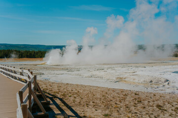 Grand Prismatic Spring, Spectacular Scene,misty serene Yellowstone national park geothermal pools...