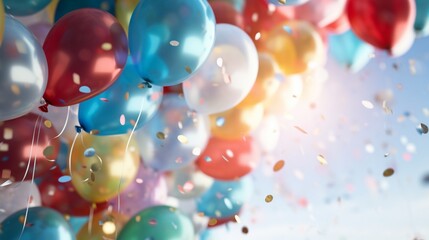 A close-up of balloons releasing confetti, capturing the festive moment in a celebration mockup. - obrazy, fototapety, plakaty