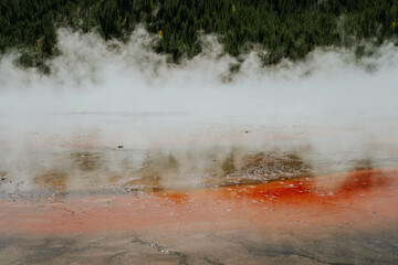 Grand Prismatic Spring, Spectacular Scene,misty serene Yellowstone national park geothermal pools...