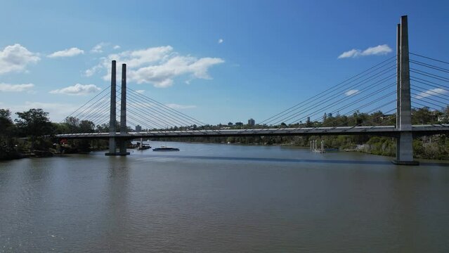 Daytime View Of Eleanor Schonell Bridge Across Brisbane River In Dutton Park, QLD, Australia. low aerial shot