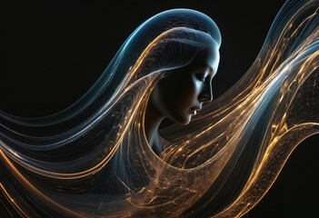 Abstract translucent view of a woman face with shapes of light on a black background - 698370097