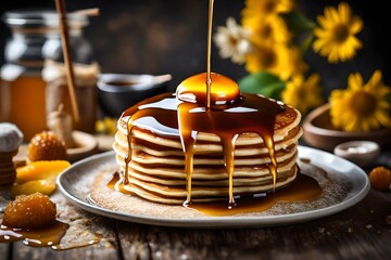 Close-up of a luscious, dripping honey drizzle over a stack of golden pancakes, tempting you with...