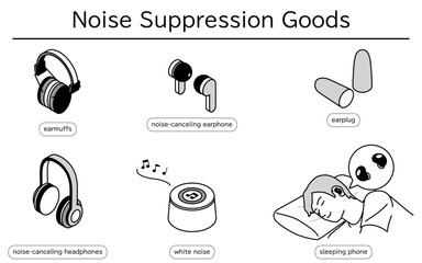 Fototapeta premium Illustrated set of user-friendly noise-reducing products