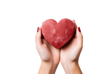 woman hands holding a red heart stone isolate on white background, with the big copy space for valentine's day