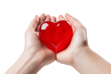 Fototapeta premium woman hands holding a red heart stone isolate on white background, with the big copy space for valentine's day