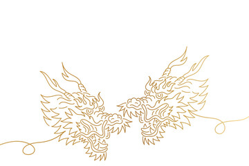 Golden chinese dragon head in one continuous line drawing.
