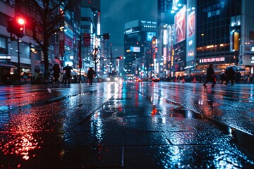 Fototapeta na wymiar Nighttime city street with rain and neon lights