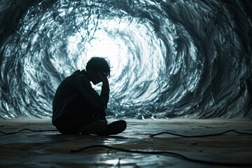 A man sitting in a dark tunnel with a frown on his face - obrazy, fototapety, plakaty
