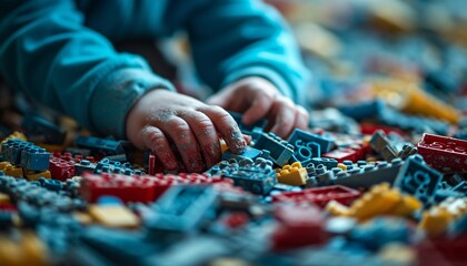 A child's hands covered in blue and yellow Lego pieces - obrazy, fototapety, plakaty