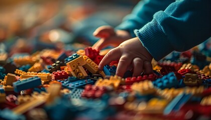 A child's hand reaching for a yellow and blue lego brick - obrazy, fototapety, plakaty