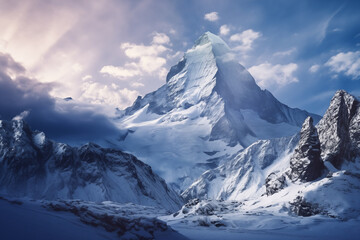 Sovereign Peaks: Majestic Mountain Range in Winter Splendor, Generative AI illustration