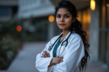 A woman in a white coat with a stethoscope - obrazy, fototapety, plakaty