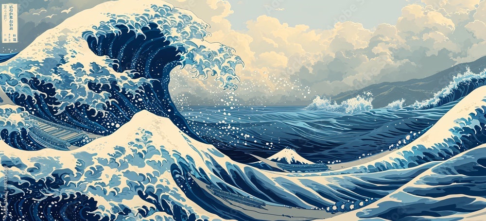 Poster a large wave with a cloudy sky in the background