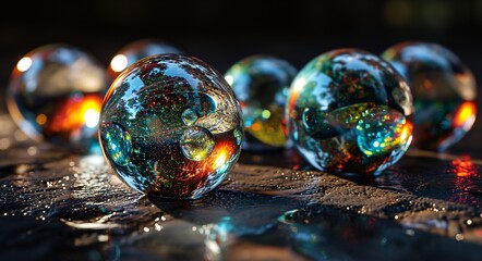 A group of colorful glass balls on a table - obrazy, fototapety, plakaty