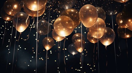 A cluster of metallic balloons shimmering under twinkling fairy lights.