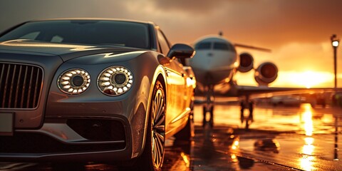 A Bentley car parked next to a white jet - obrazy, fototapety, plakaty