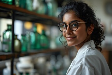 Fototapeta premium A woman wearing glasses and a white lab coat