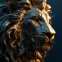 A close-up of a lion statue with a blue background