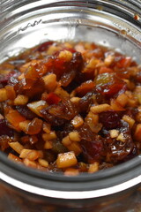 Mincemeat for homemade mince pies in storage jar.
