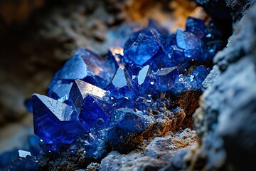 A close-up of a rock with blue crystals and a few pieces of blue glass. - obrazy, fototapety, plakaty