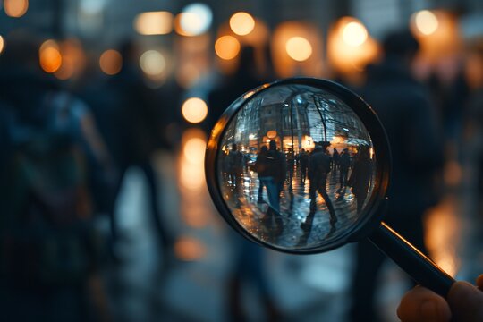 A person holding a magnifying glass in a crowded area.