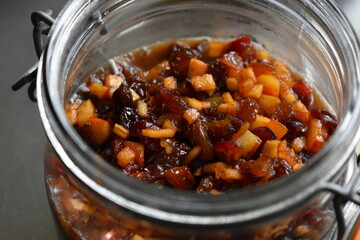 Mincemeat for homemade mince pies in storage jar.
