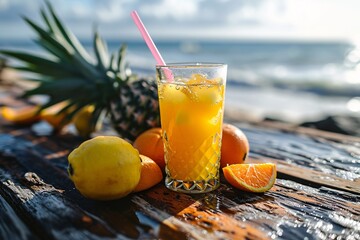 Fruit juice with a pink straw on a wooden table - obrazy, fototapety, plakaty
