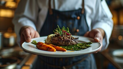 A chef holding a plate with a steak and vegetables - obrazy, fototapety, plakaty