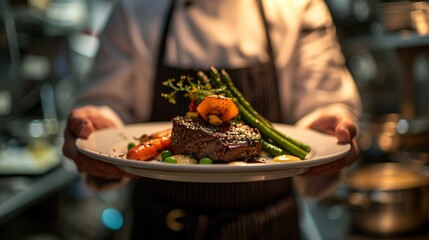 A chef holding a plate with a steak and vegetables