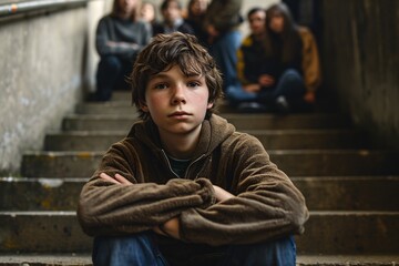 A young boy with a brown hoodie and brown hair sitting on the steps with a group of people around him.