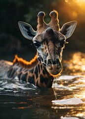 A giraffe in the water with its head up - obrazy, fototapety, plakaty