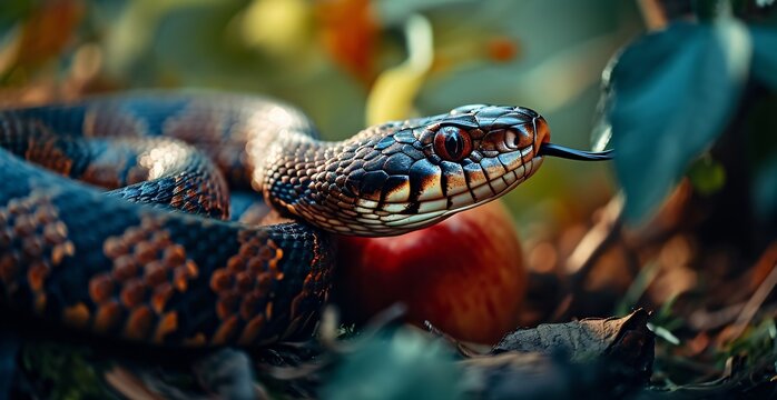 A snake with a red apple in its mouth.