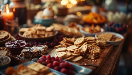 A variety of snacks and desserts on a wooden table - obrazy, fototapety, plakaty
