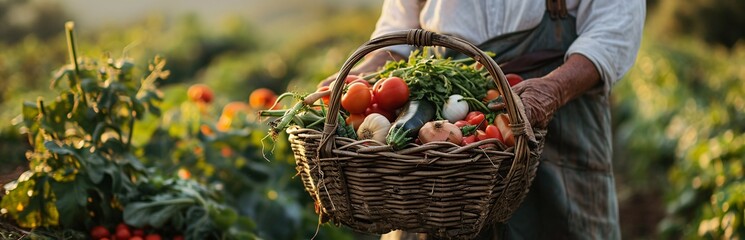 A person holding a basket full of vegetables.