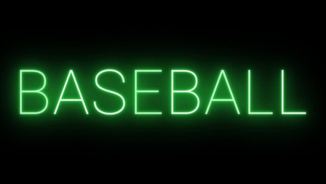 Flickering neon green baseball sign animated on black background.
