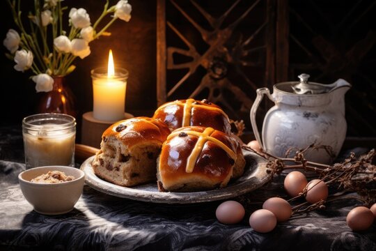 Traditional Easter bread on a served table with eggs. Breakfast, Good Friday.