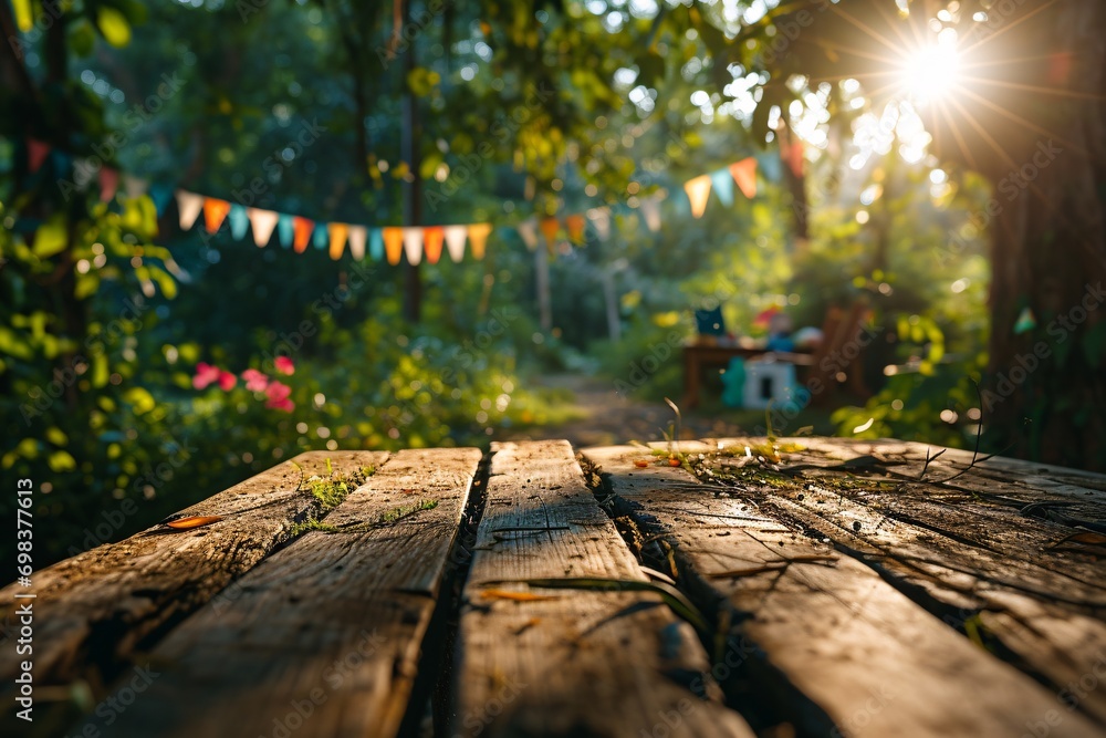 Poster a wooden bench in a forest setting with colorful flags and a laptop