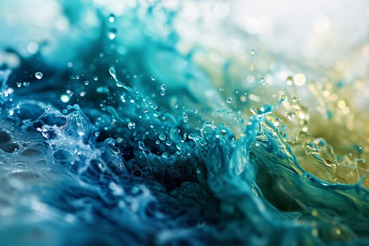A blue and yellow ocean wave with bubbles
