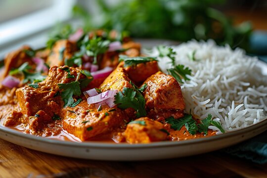 A plate of Indian food with rice and vegetables.
