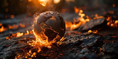 A burning globe with a map of the world