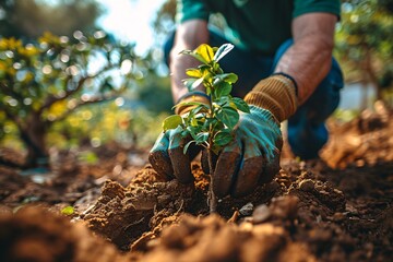 A person wearing gloves and a green shirt, tending to a small plant in a garden.