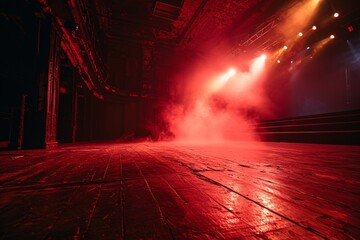 A red haze fills the stage of a theater