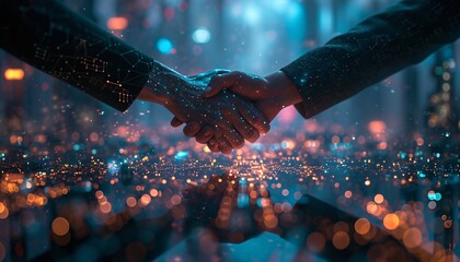 Two Hands Shaking in a Blue and Purple Glow