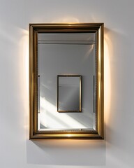 A gold framed mirror on a white wall. - obrazy, fototapety, plakaty