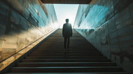 Back view silhouette photo of business man standing at underground looking up at bright light at the top end of stairs. With successful determine emotion. Target business strategy planning concept.  - obrazy, fototapety, plakaty