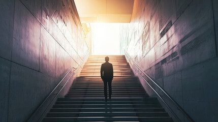Back view silhouette photo of business man standing at underground looking up at bright light at the top end of stairs. With successful determine emotion. Target business strategy planning concept. 