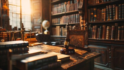 A wooden desk with a gavel and books - obrazy, fototapety, plakaty