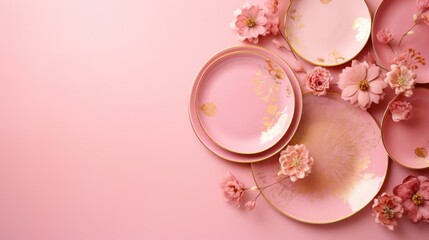 Pink and gold plate, flowers and cutlery on a pink background. Flat layer - obrazy, fototapety, plakaty